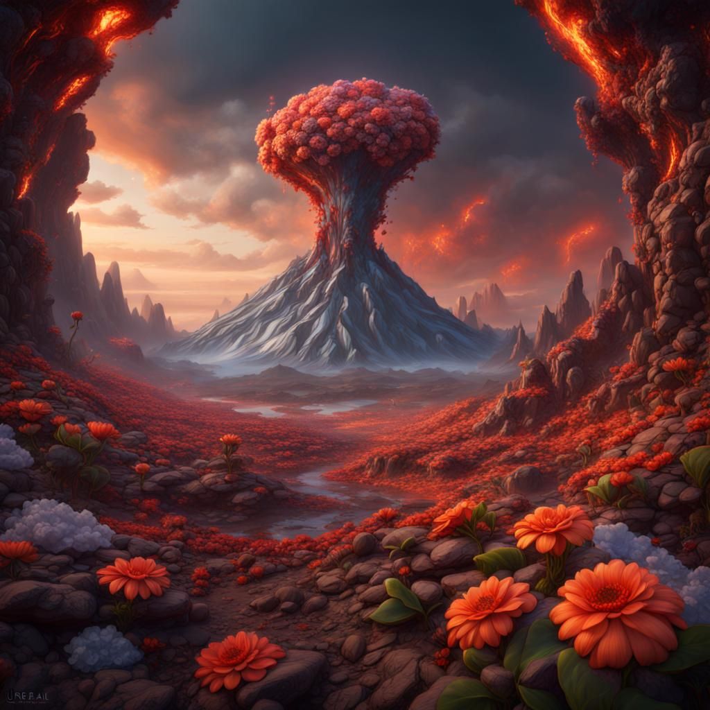 Fantastical Flower Volcano Digital Matte Painting