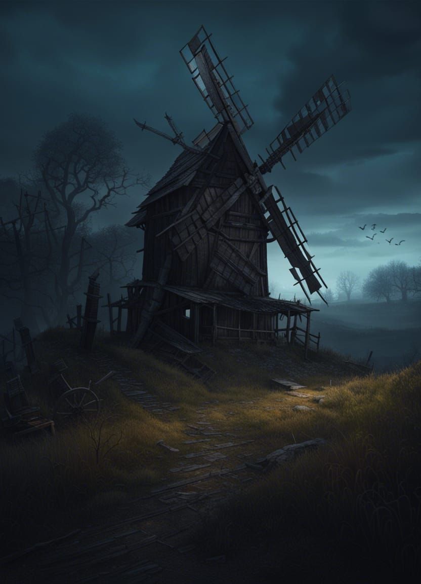 Spooky Windmill in Haunted Forest: Dark Fantasy Art