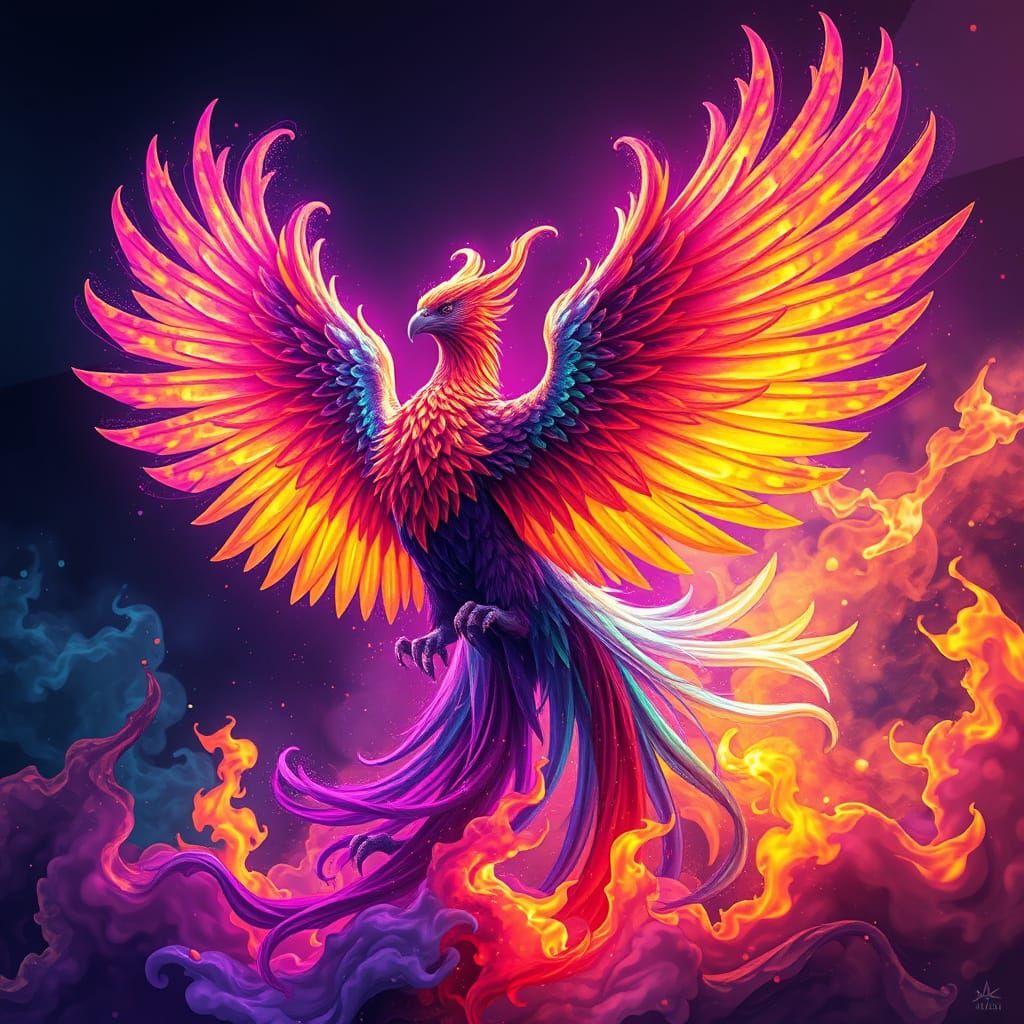 Rainbow Phoenix Rises from Fiery Depths in Alcohol Ink Style
