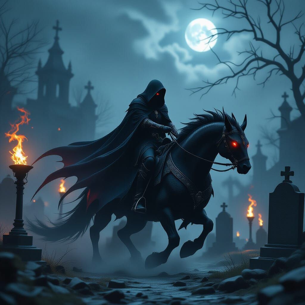 Dark Fantasy Dragon Rider in Misty Graveyard