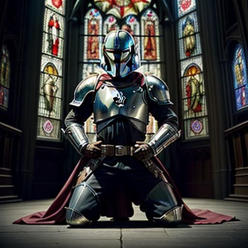 Knight Templar Kneeling Before Stained Glass Window