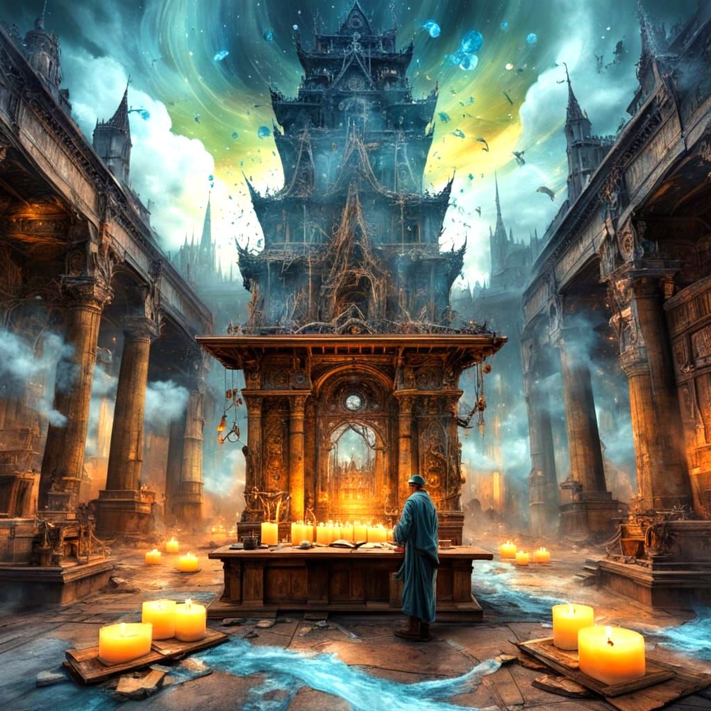 Mystic Sage in Floating Citadel, Watercolor Style