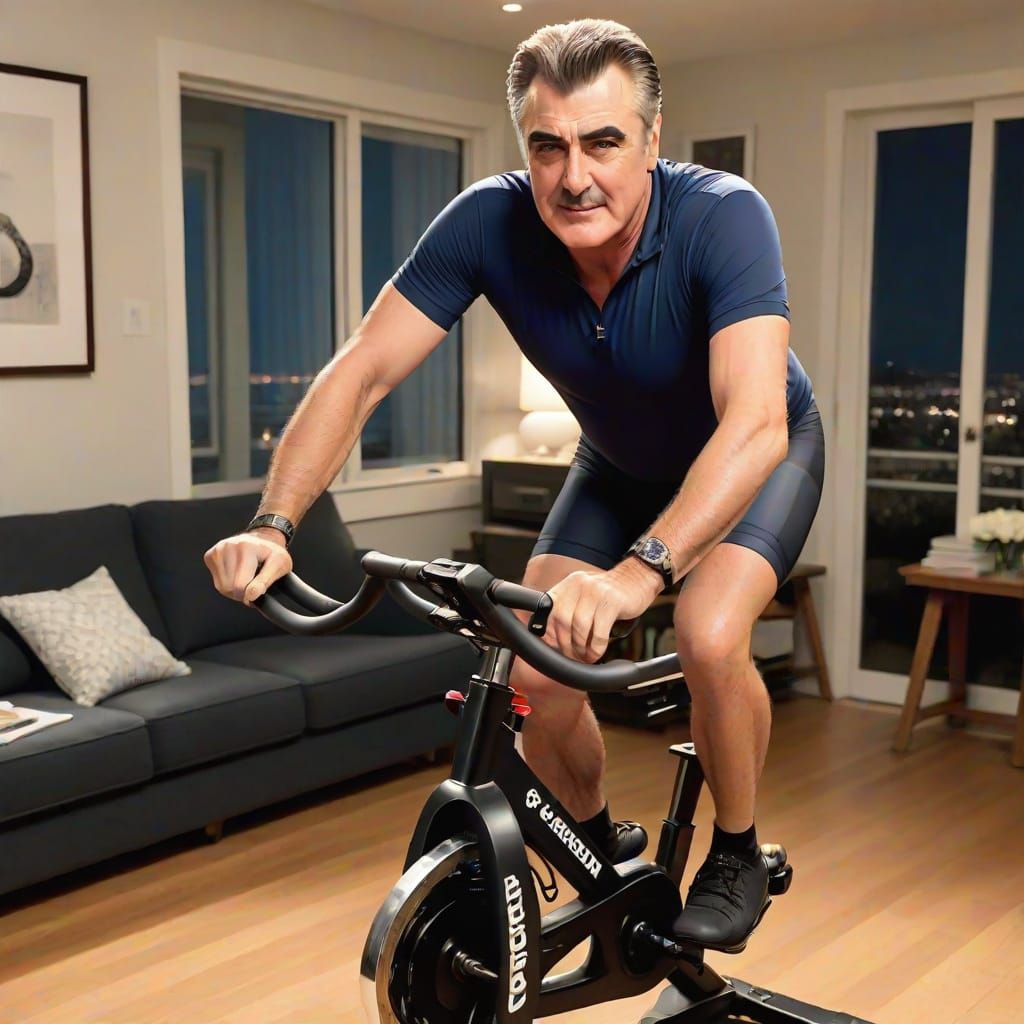 Chris Noth on Peloton Bike in Evening Light
