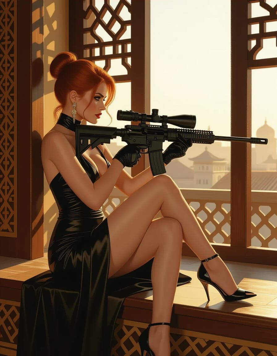 Redhead Sniper on Rooftop in Golden Light