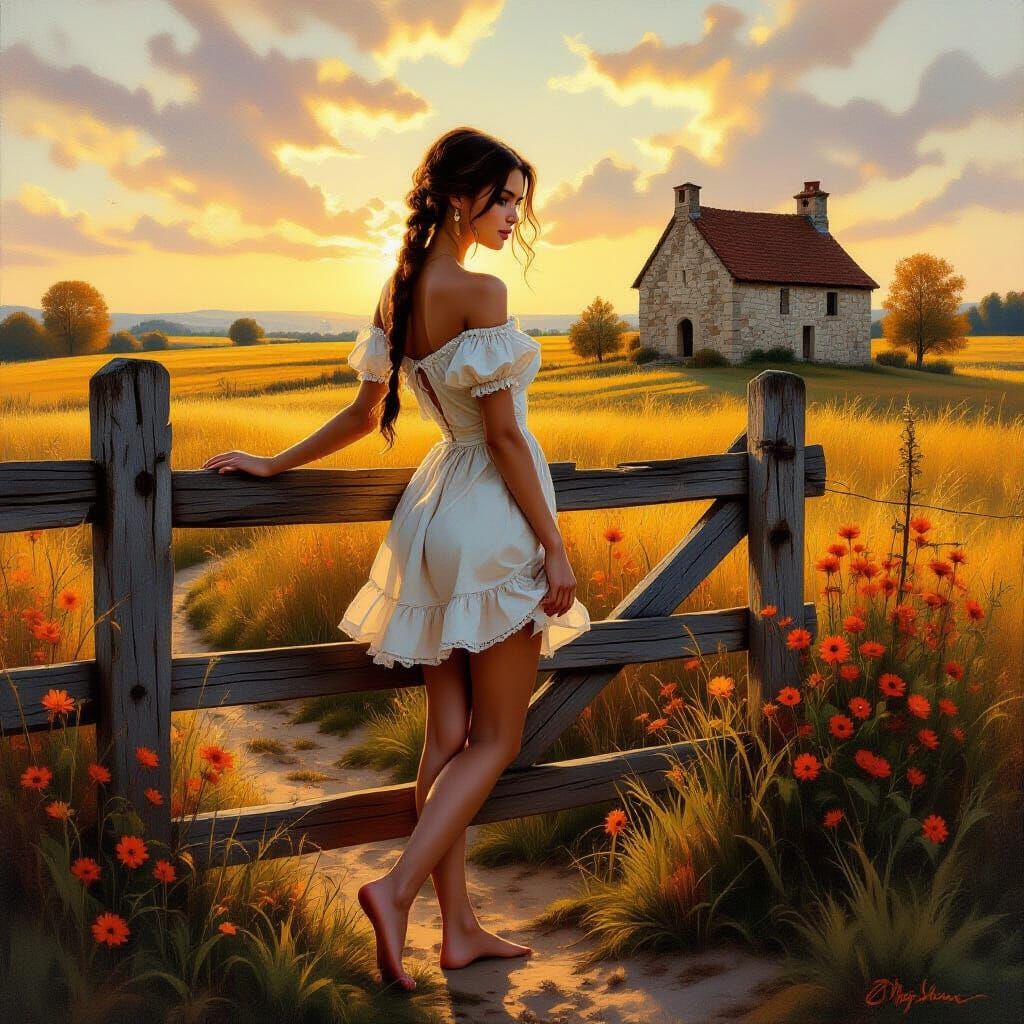 Autumn Countryside Portrait: Woman in Ruffled Dress