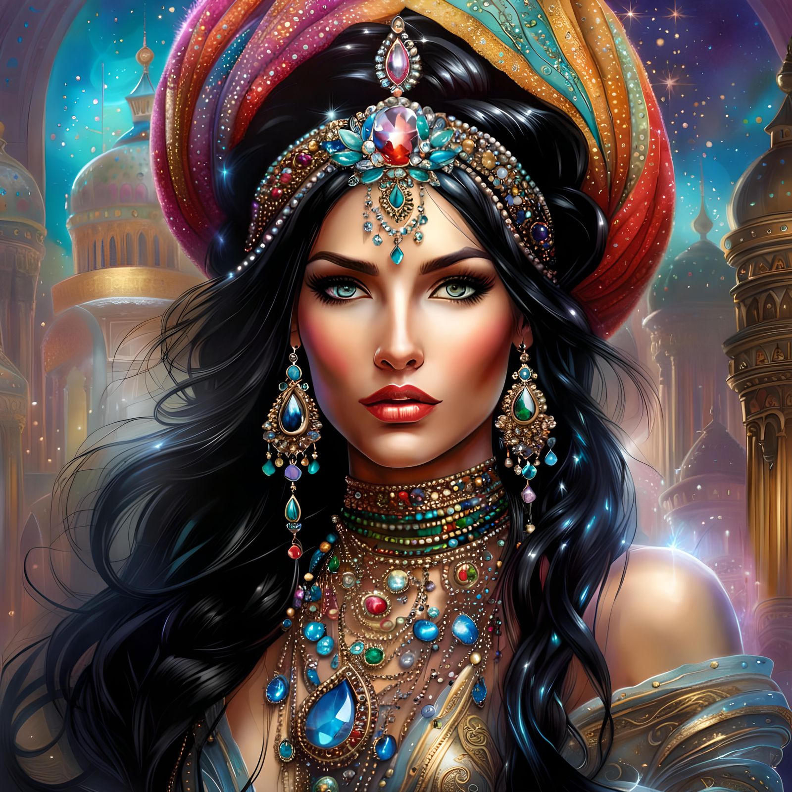 Bejeweled Genie with Gemstones, Hyper-Detailed Art