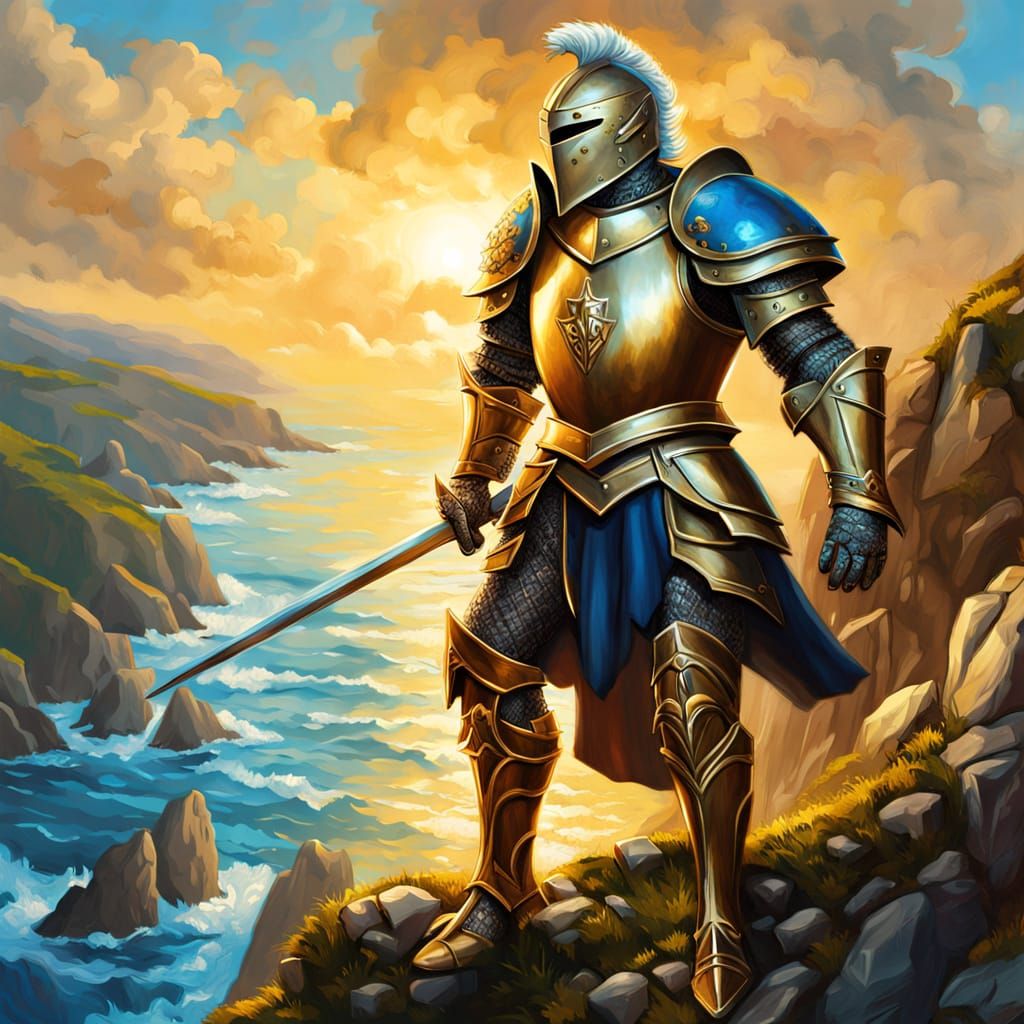 Knight Overlooking Sea in Vibrant Oil Painting Style