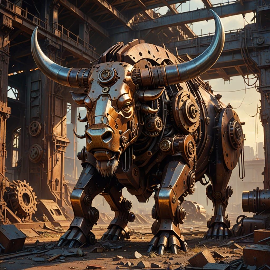 Mechanical Buffalo in Ruins: Industrial Sci-Fi Art