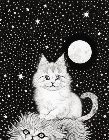 Happy Kitten in Starry Sky: Ink Line Art