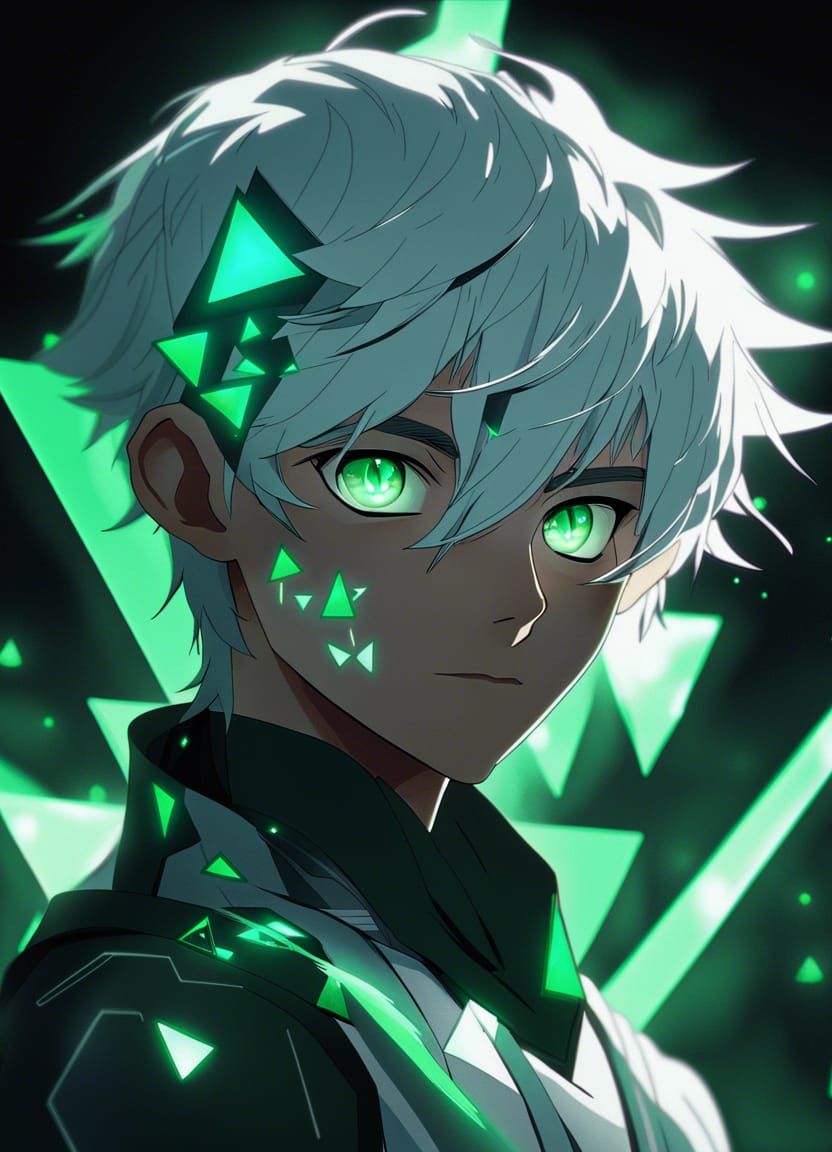 A boy With White Hair And Glowing Green Triangles on his arms. Detailed Anime Face. Anime Character. Manga. 8k.
Artstati...