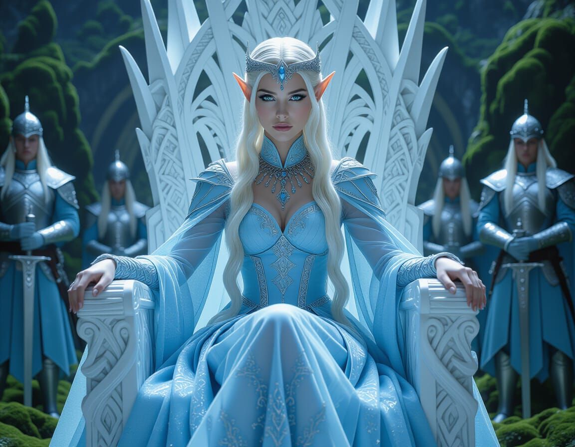 Elf Queen on a Living Wood Throne in Cinematic Style