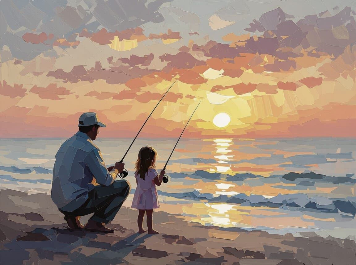Father and Daughter Sunrise Fishing in Impasto Style