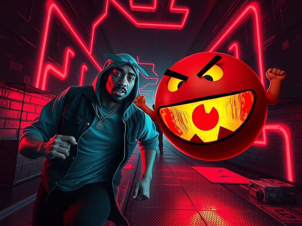 Tupac vs Pac-Man in Neon Labyrinth