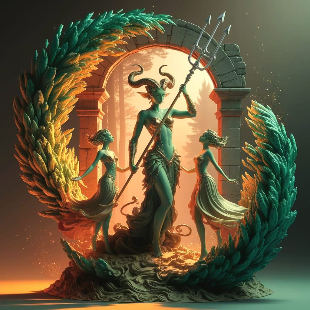 Art Nouveau Sculpture of Green-Skinned Figure with Trident