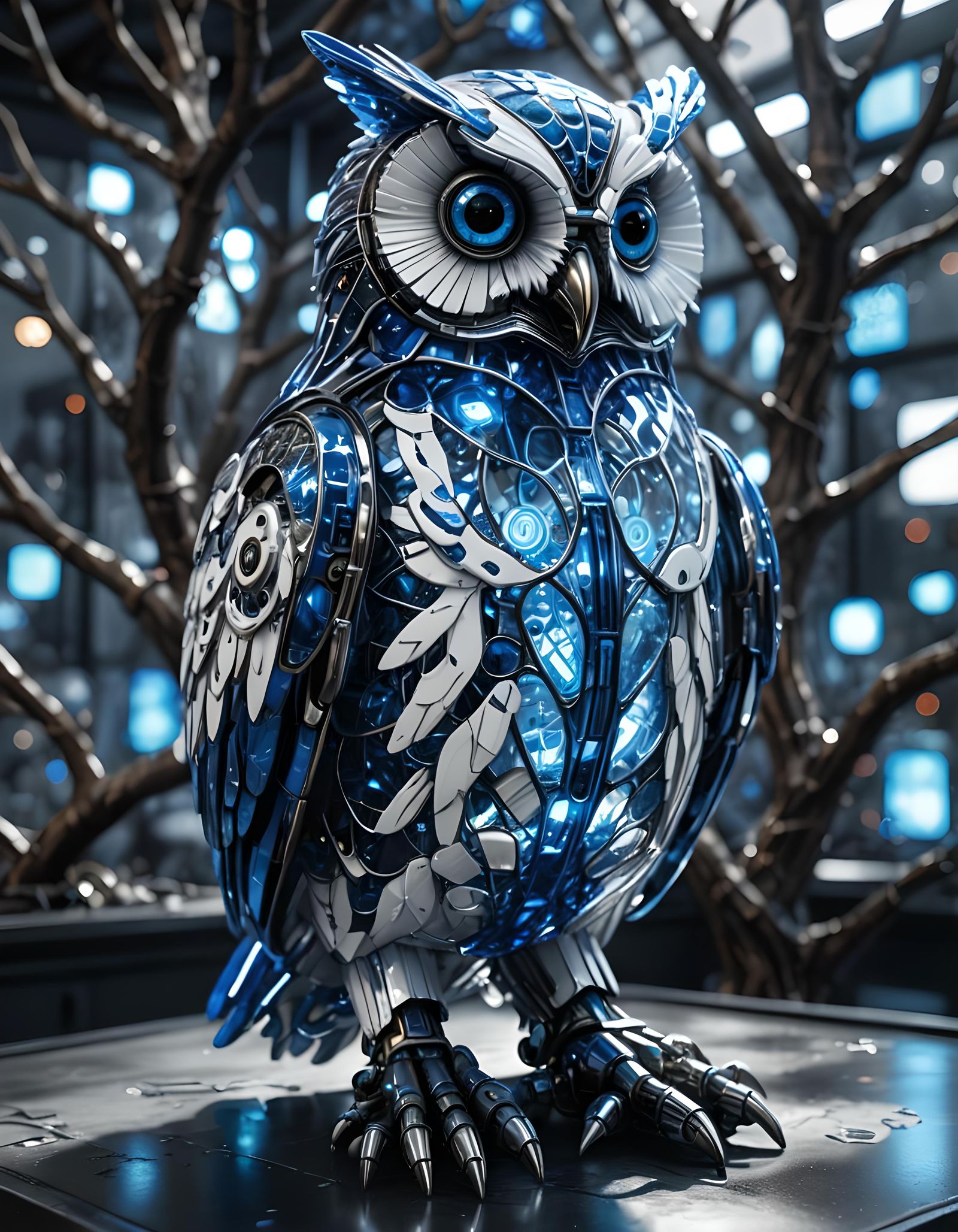 Cyberpunk Robot Owl in Blown Glass Tree