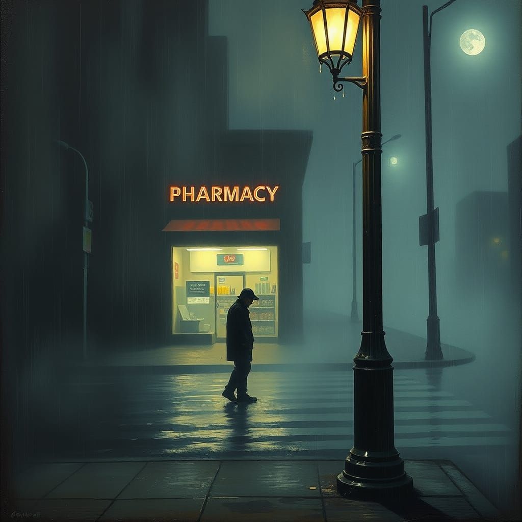 Lone Figure in Misty Nocturnal Cityscape