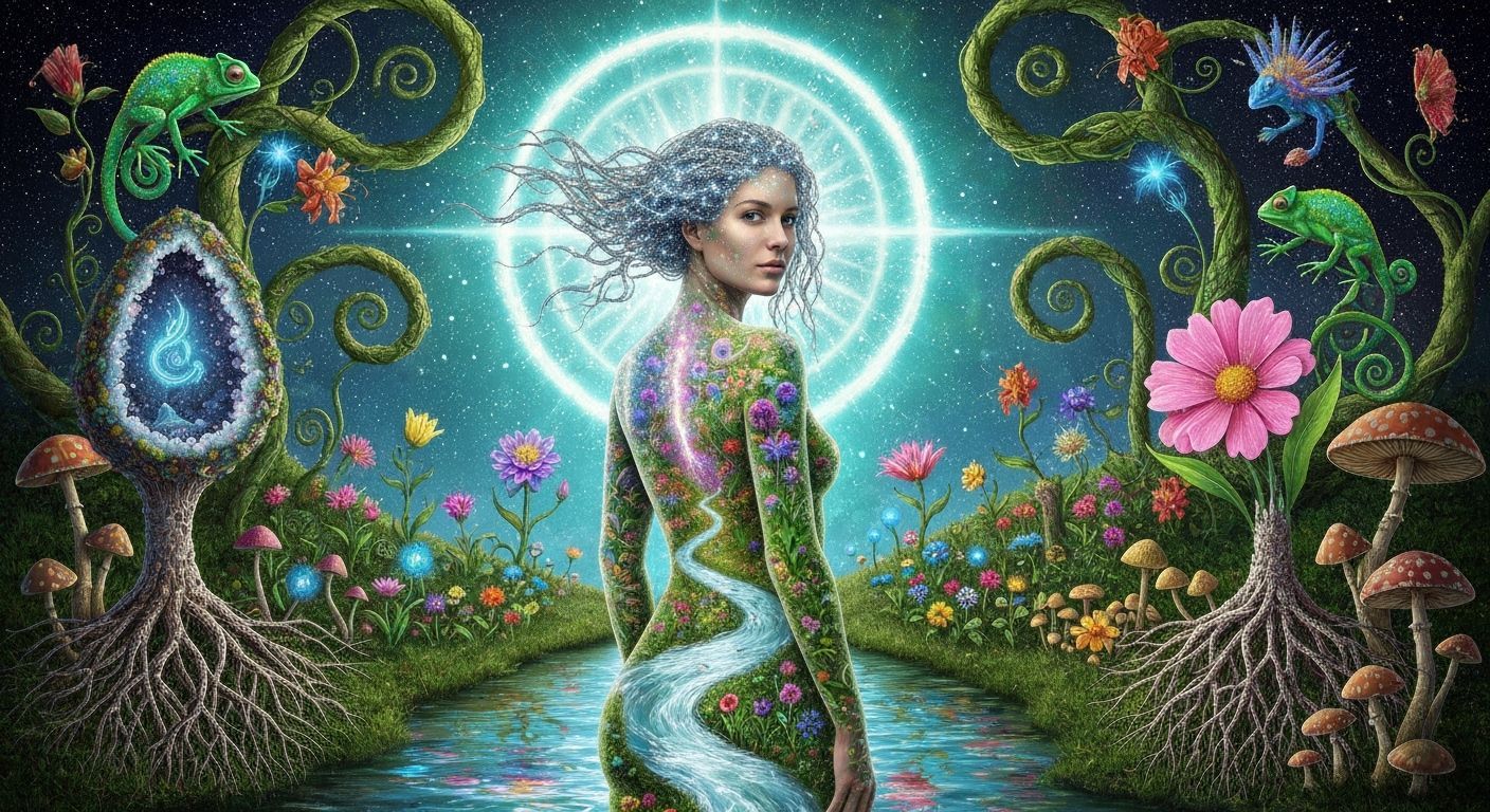 Ethereal Woman Merges with Cosmic River Garden