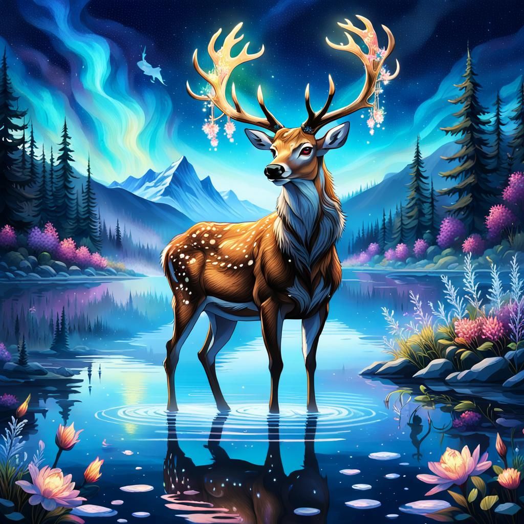 Deer Under Aurora Borealis: Fantasy Digital Art