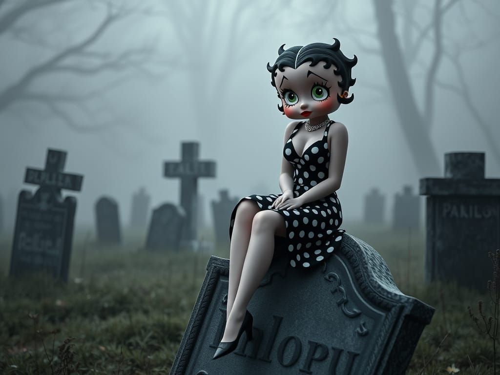 Betty Boop's Grim Omen in a Foggy Graveyard