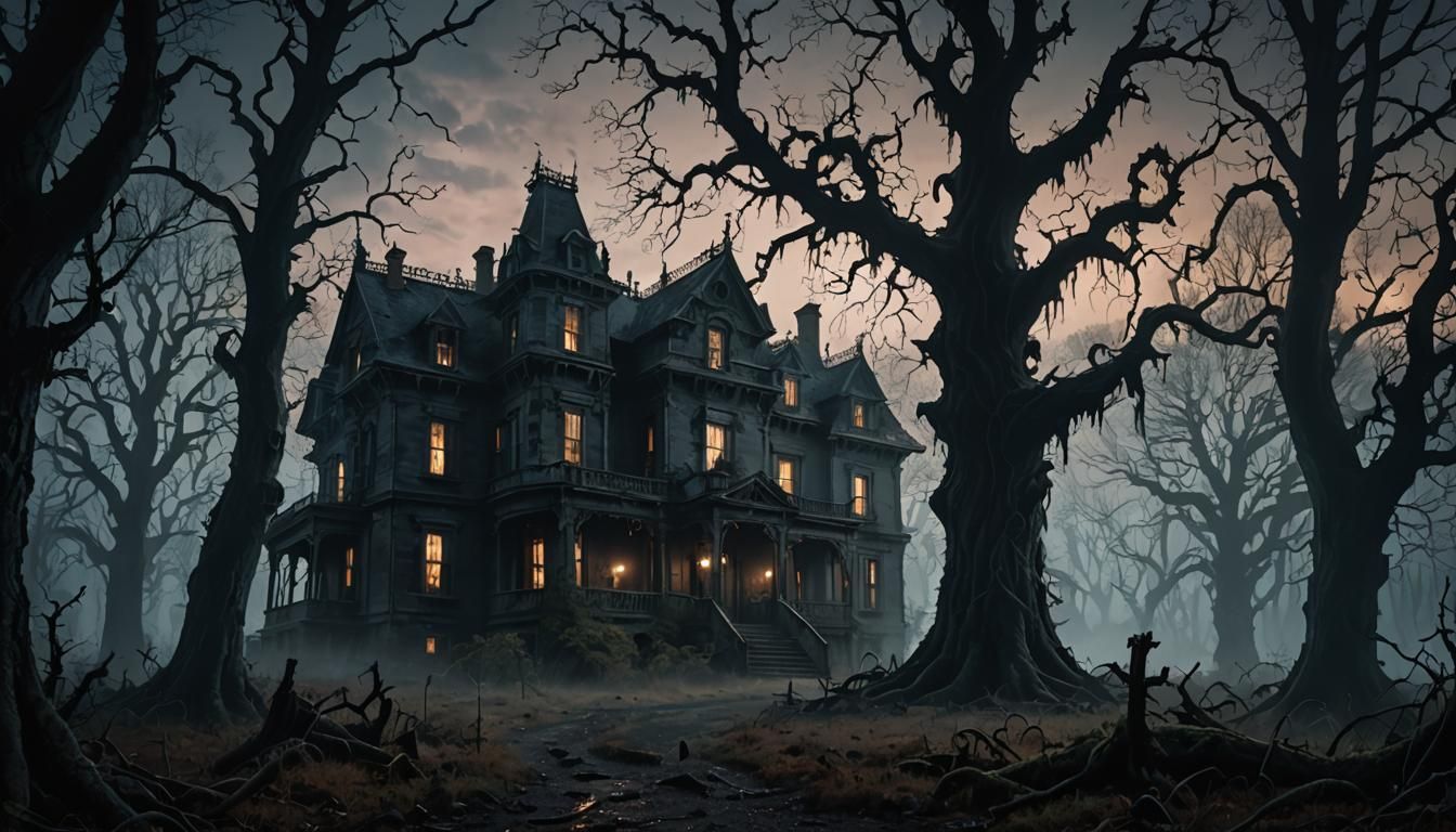 Eerie Mist-Covered Forest at Twilight