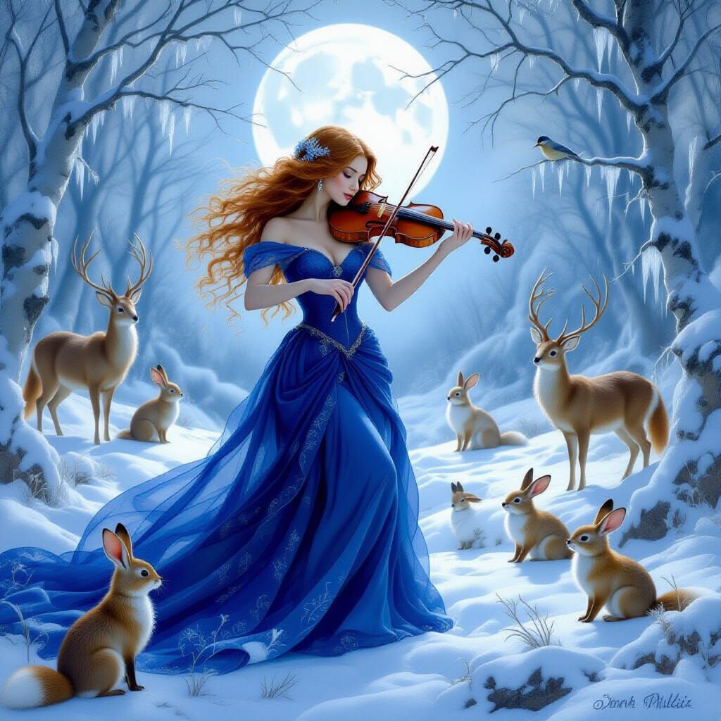 Woman Plays Violin for Animals in Ethereal Icy Landscape