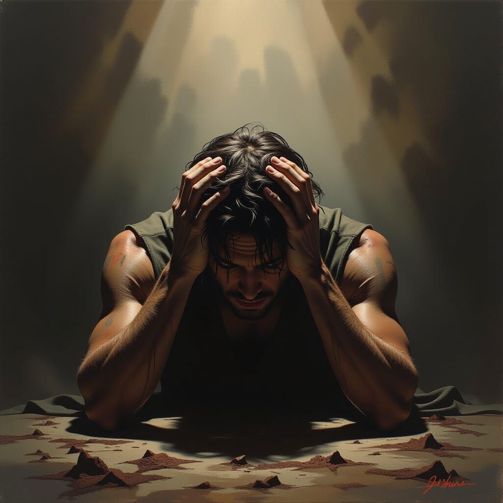 Figure Overwhelmed by Exhaustion in Dark Fantasy Art
