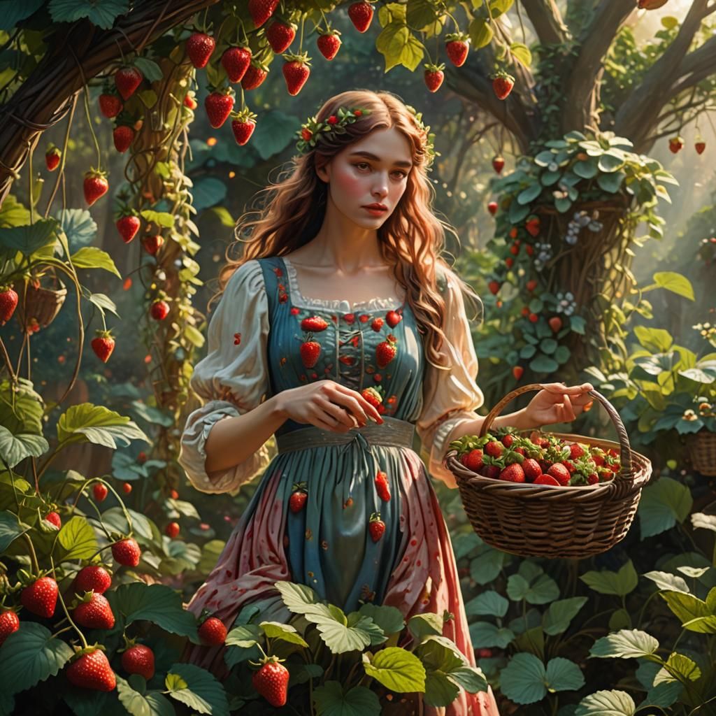 Girl Picking Strawberries in a Mystical Garden