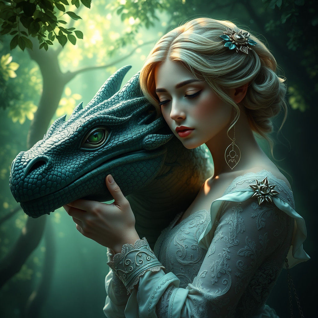 Princess and Dragon Portrait in Art Nouveau Style