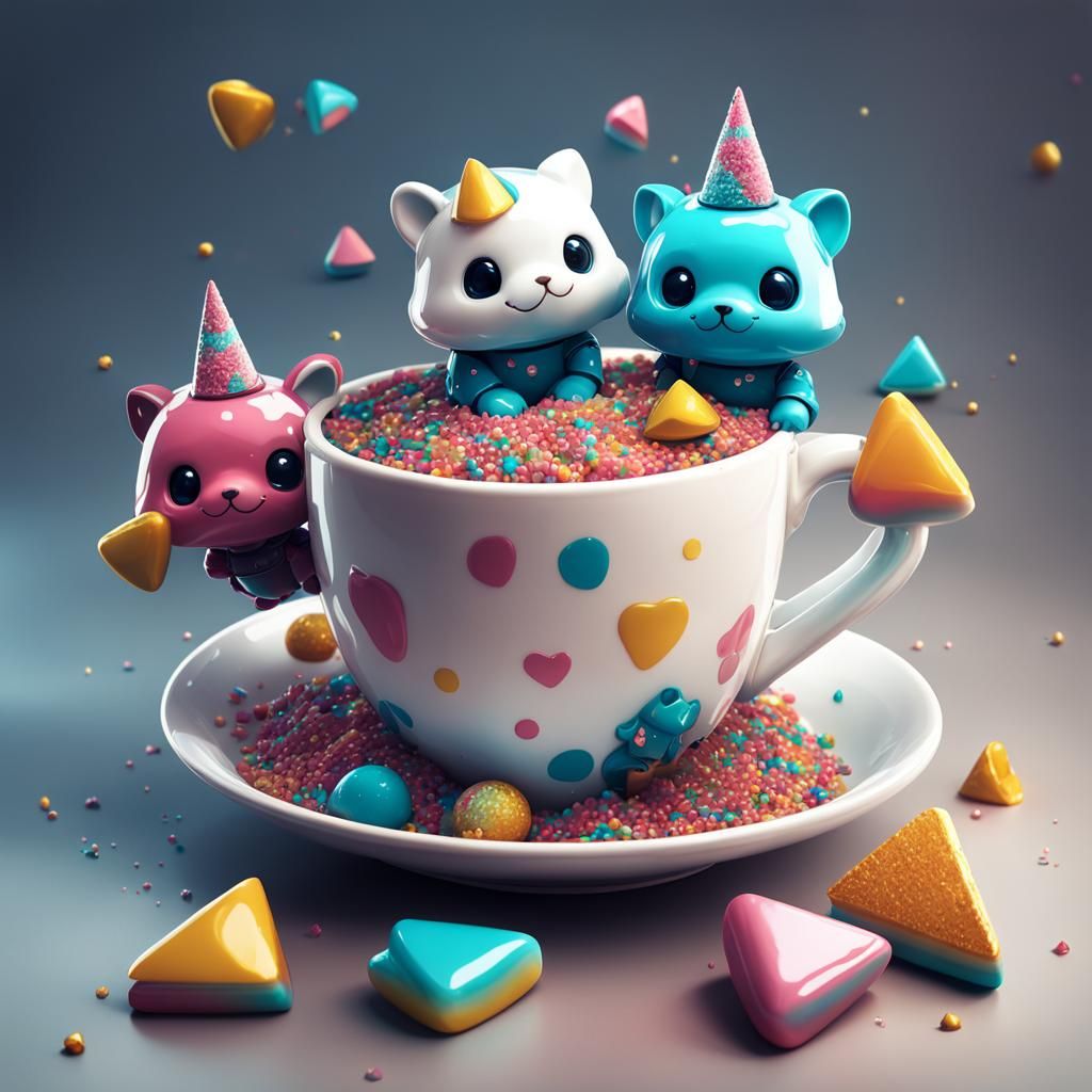Cute Sugar Triangle on Porcelain Cup, 3D Digital Art