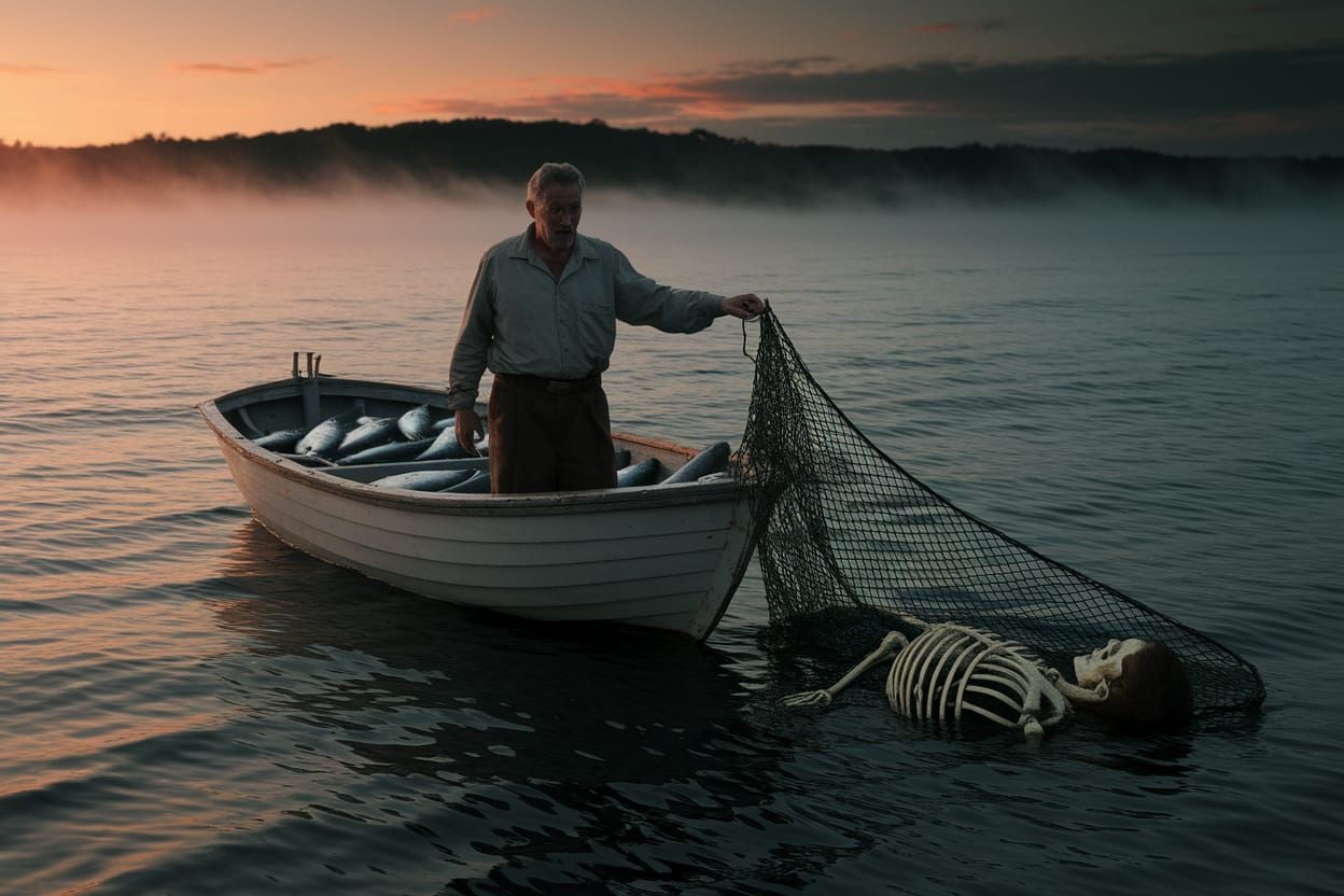Eerie Fisherman's Twilight Encounter on the Darkening Sea
