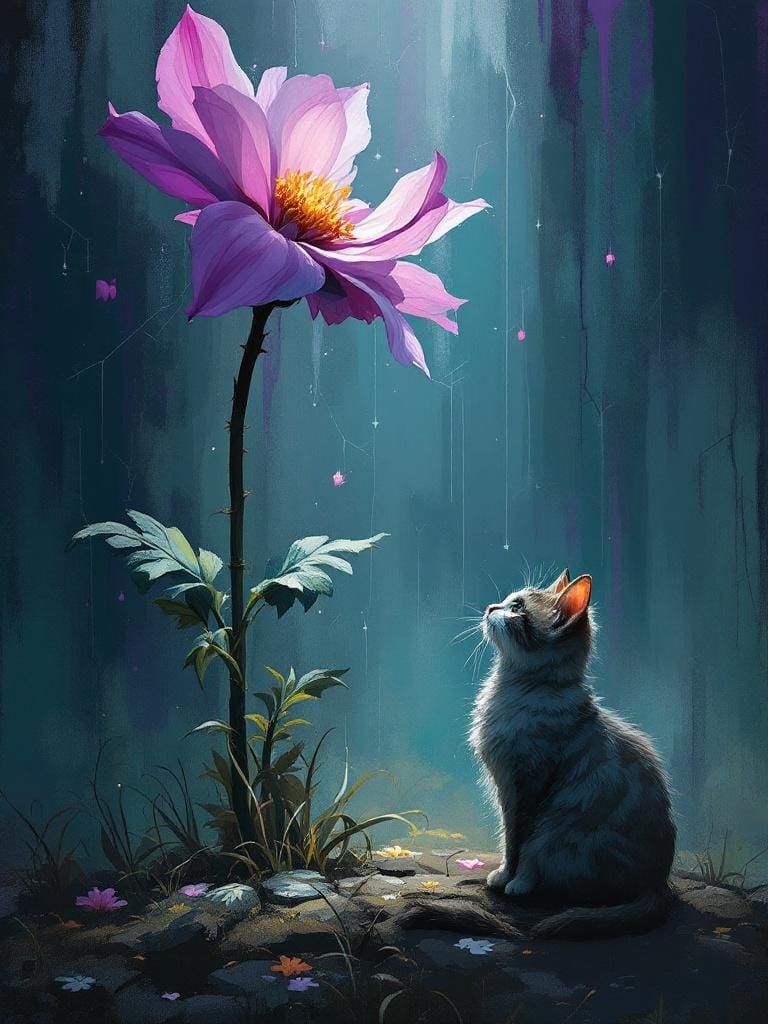 Cat Under Flower in Digital Atmospheric Haze