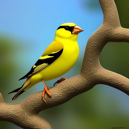 American Golden Finch sitting on the branch of a gold crepe ...