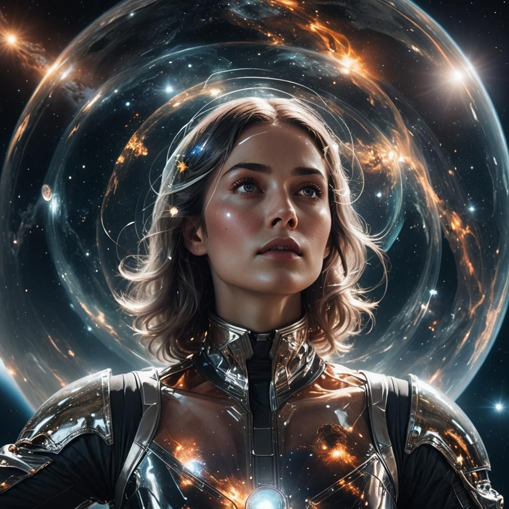 Surreal Transparent Woman in Space Observes Earth