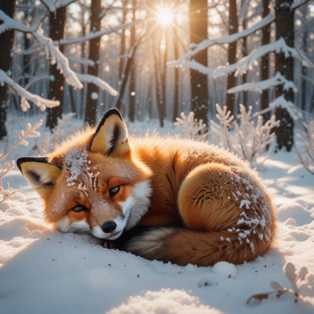 Baby Fox Sleeps in Golden Hour Snow