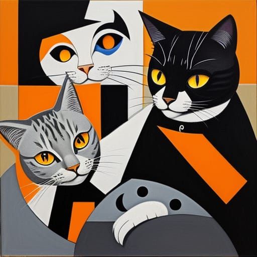 Cubist Cats in Orange, Grey, and Black