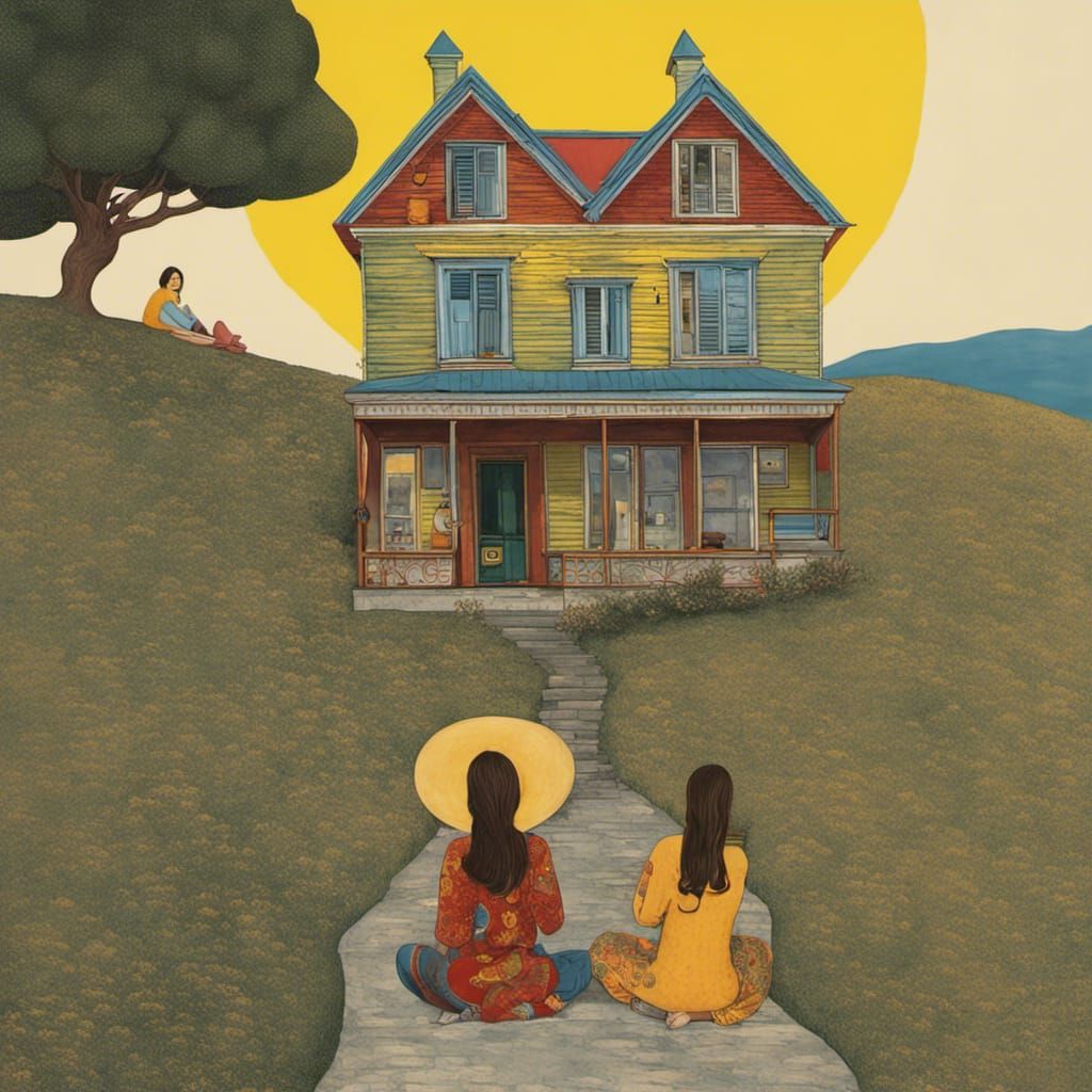 Women on Porch in Graffiti Art Style