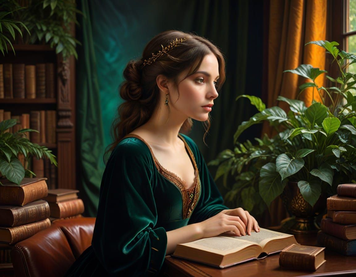 Pre-Raphaelite Woman in Jewel-Toned Studio