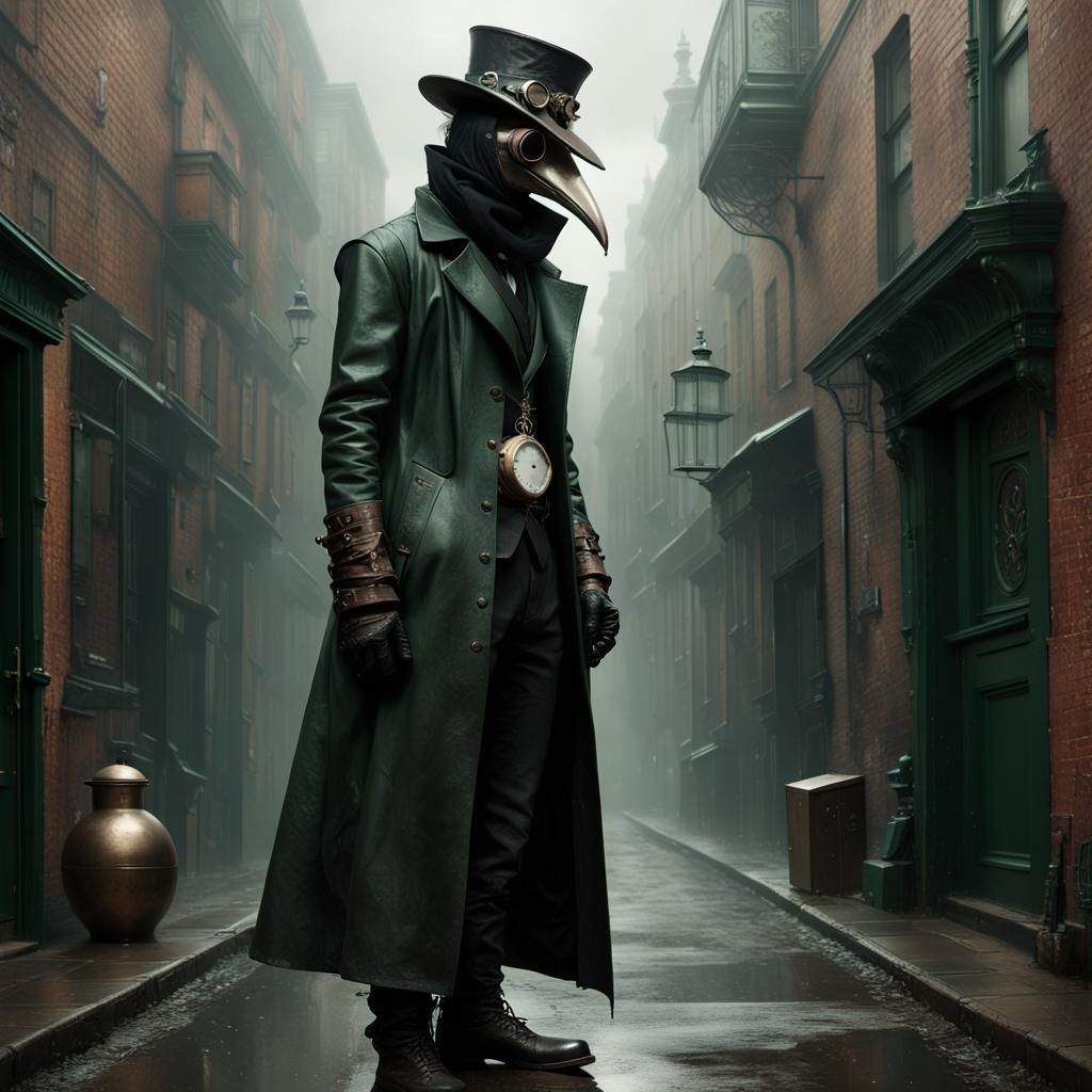 Steampunk Plague Doctor in Rainy Alley: Chromalithography St...