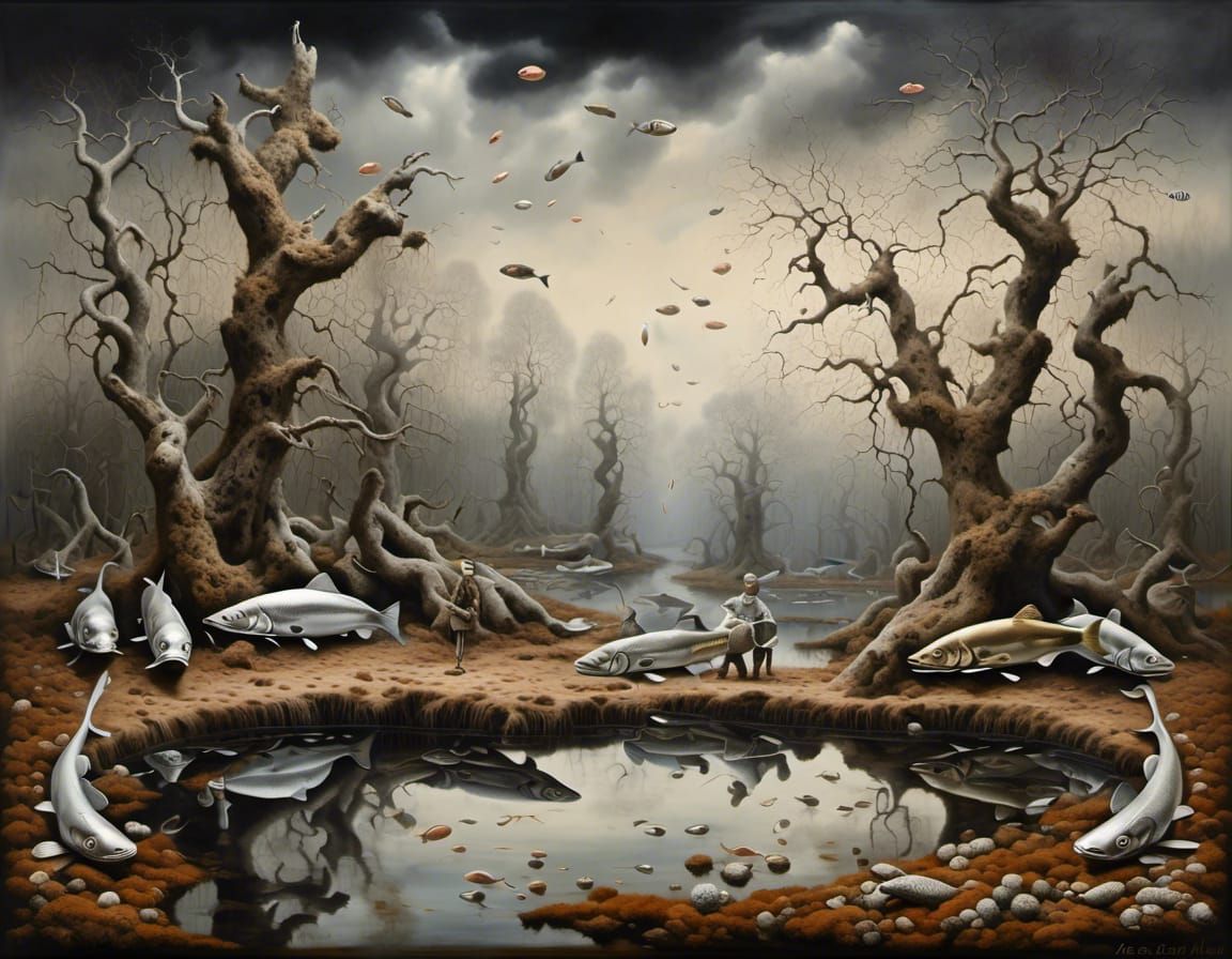 Surreal Oil Painting: Fish-Headed Figures at Dried Pond