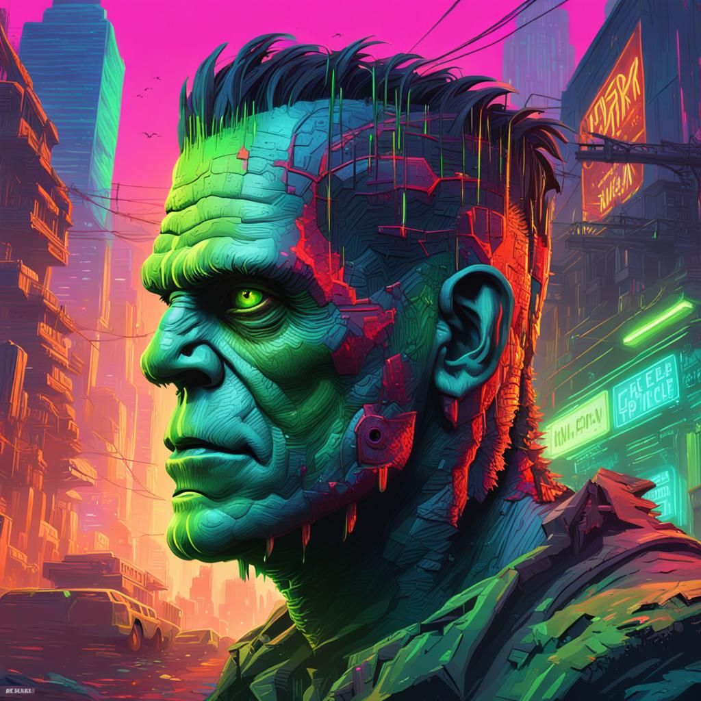 Frankenstein in Verdant Post-Apocalyptic Neon City