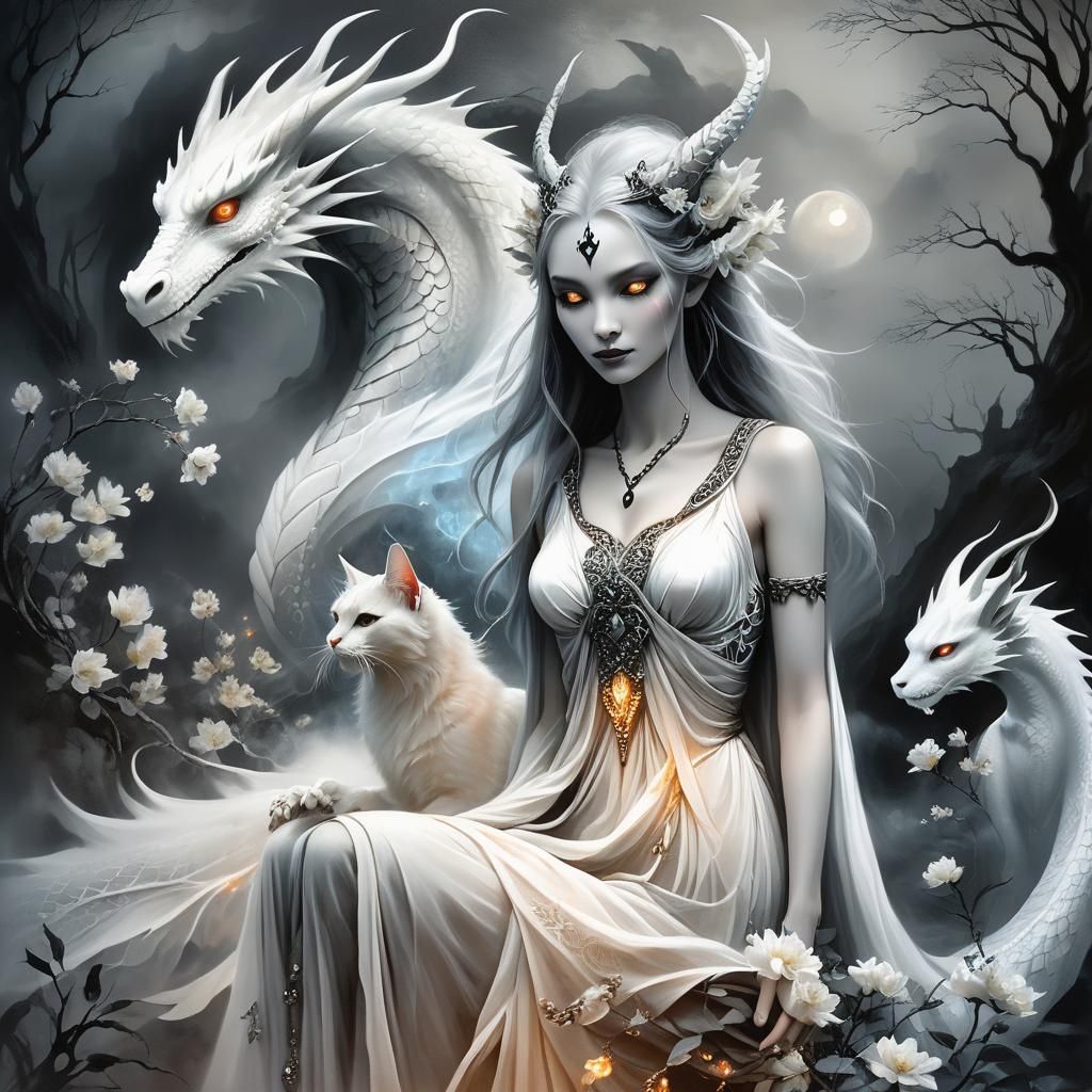 Mystical Dragon and Goddess in Gothic Surrealism