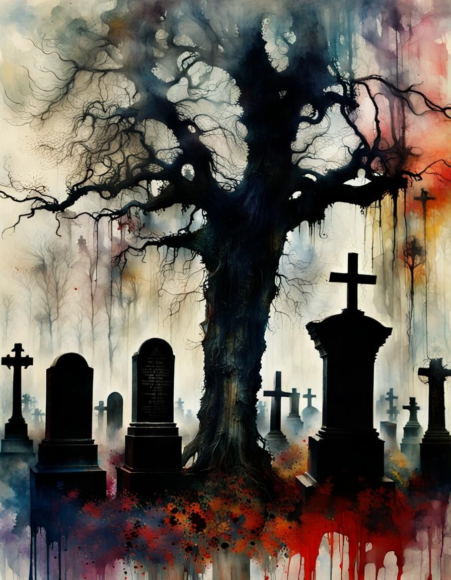 Surreal Cemetery with Dripping Ink