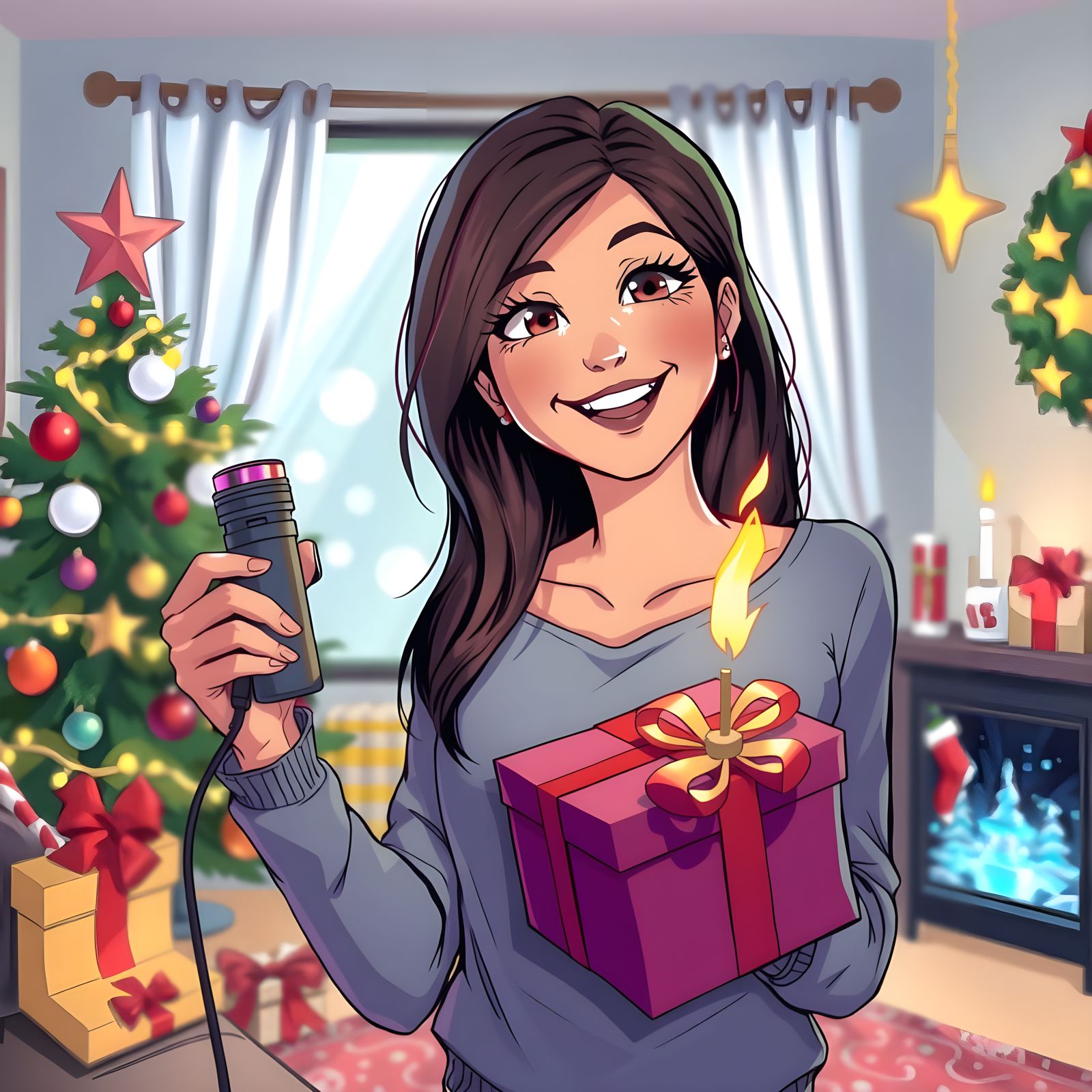 Joyful Woman With New Taser Gift in Comic Art Style