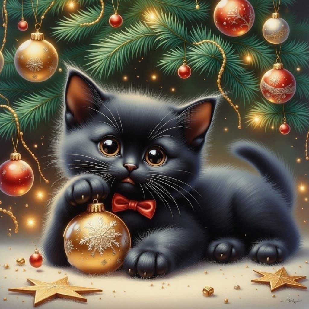 Adorable Christmas Kitten Playing with Ornament