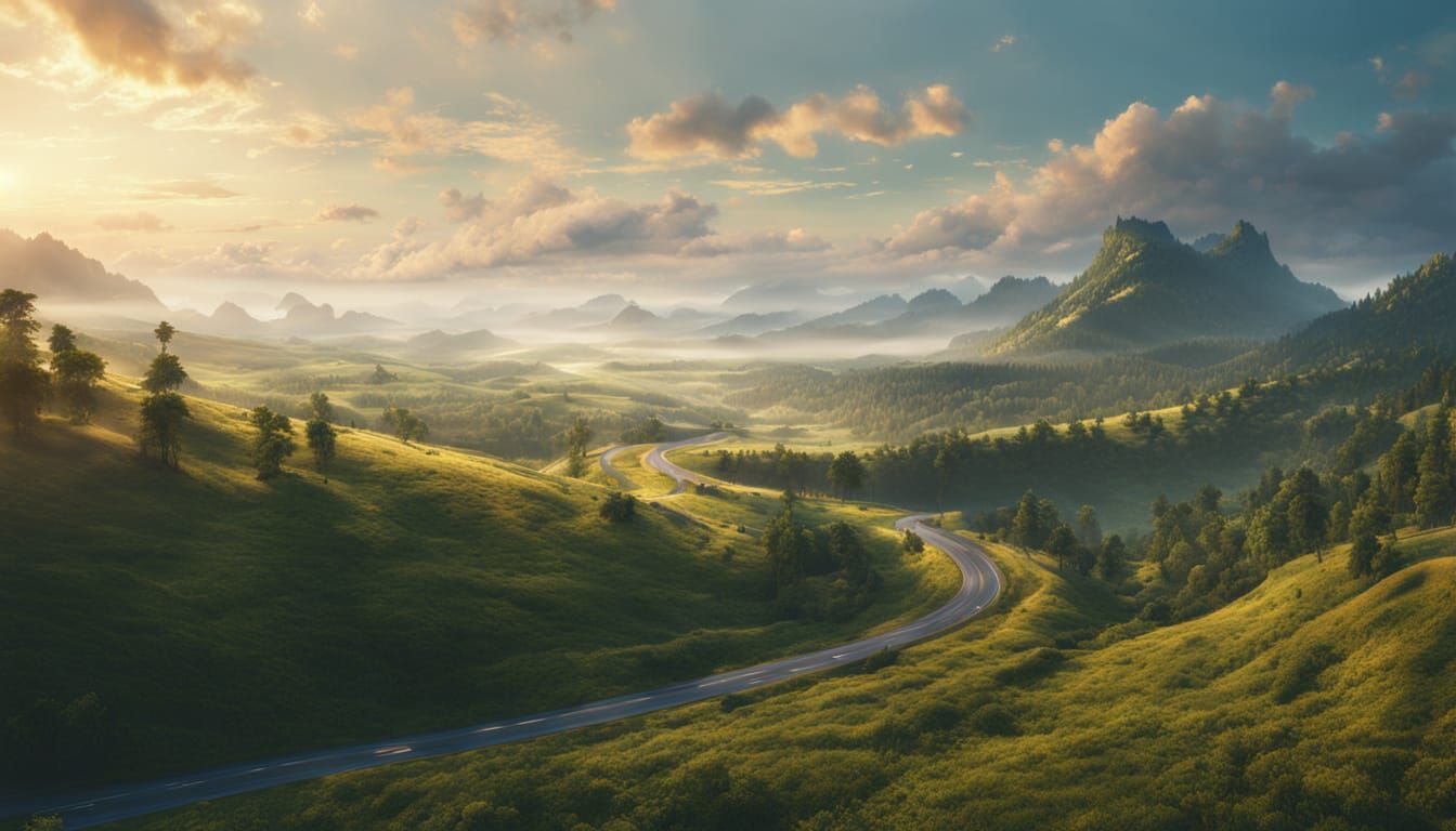 Winding Road Through Lush Landscape in Golden Light