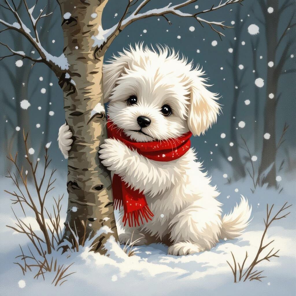 Puppy in Snowy Storm, Whimsical Illustration