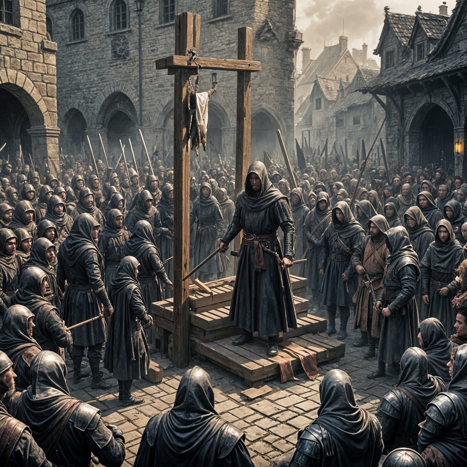 Medieval Guillotine Scene: Empty Block, Hooded Executioner