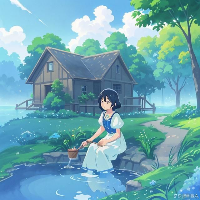 Woman at Village Well: Watercolor Studio Ghibli Style