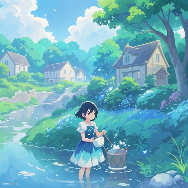 Woman at Village Well: Watercolor Anime Style