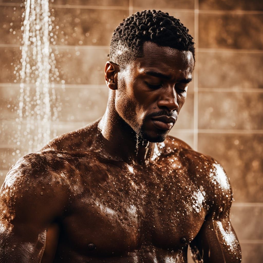 Sensual Black Man in Golden Hour Shower, Soft Focus and Luxu...
